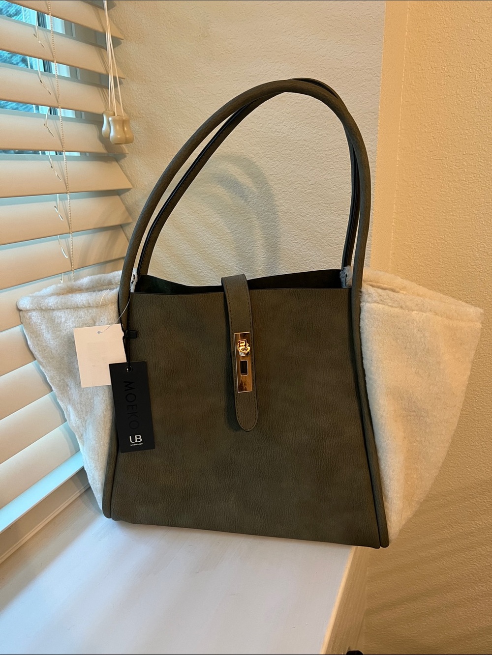 Olive Green Tote Handbag with Gold-Tone Hardware
